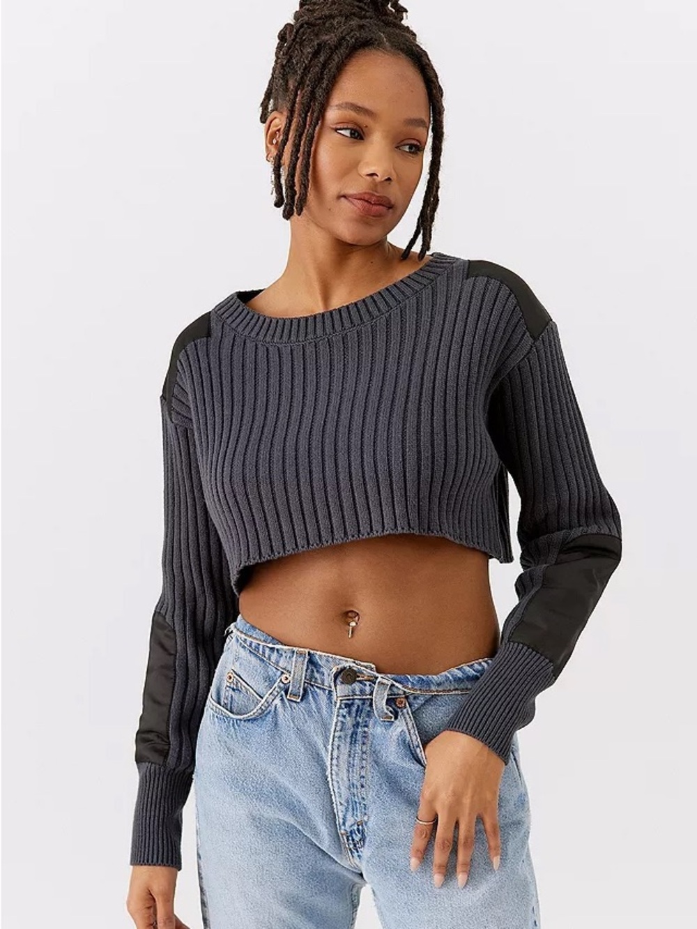 Urban Outfitters UO Kade Cropped Knit Jersey Sweater | Grey | Medium